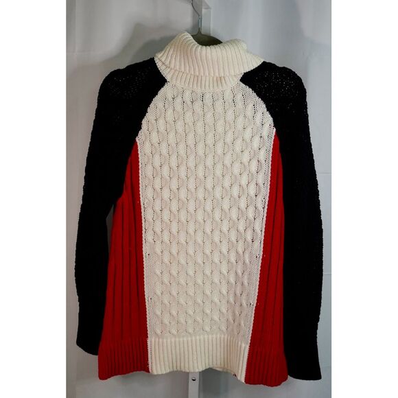 Talbots‎ Medium Mixed Stitch Turtleneck Sweater Colorblock Black Red Cream - Picture 2 of 4